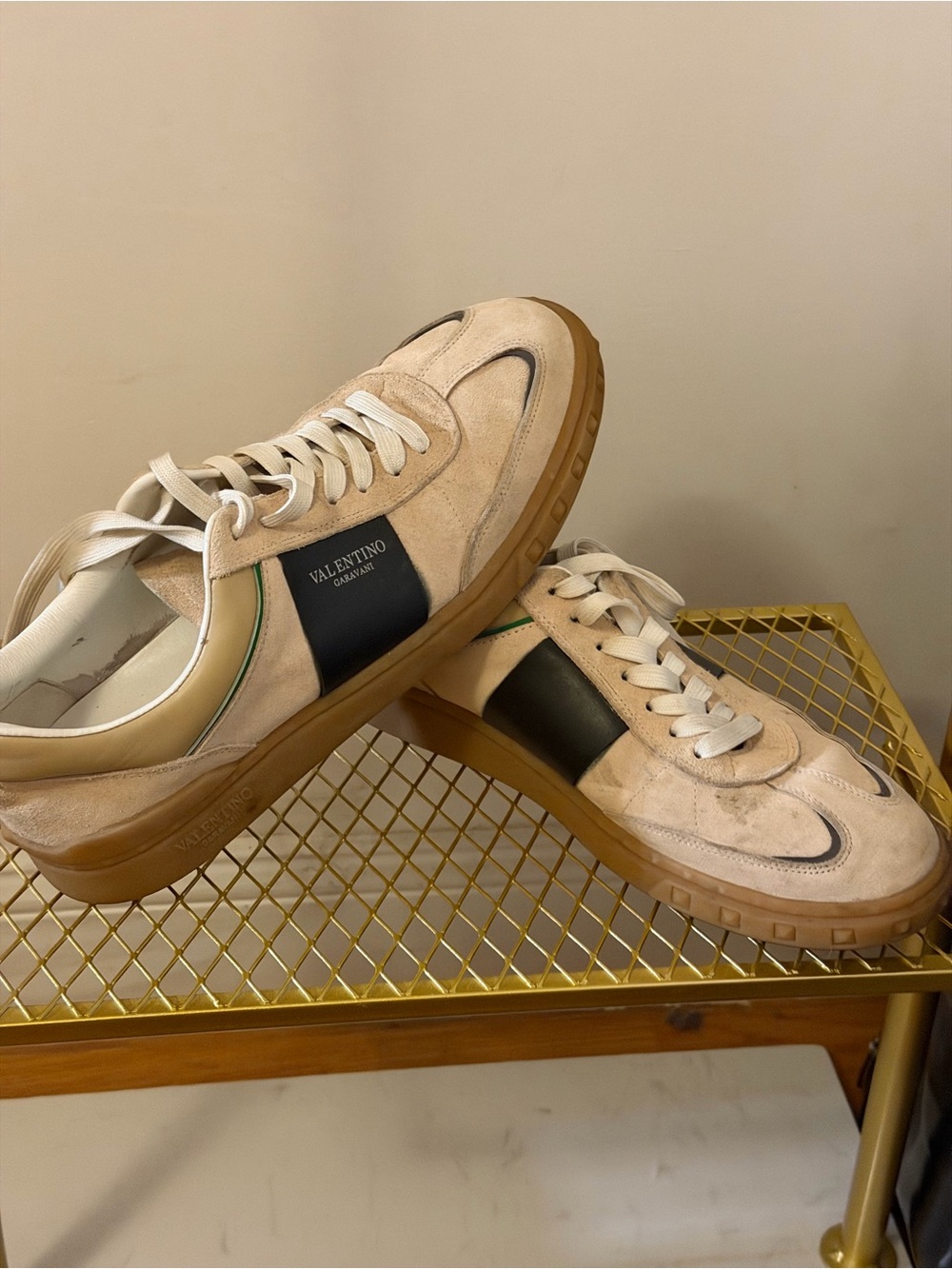 Valentino Garavani Beige Suede Sneakers with Black Panel and Gum Sole